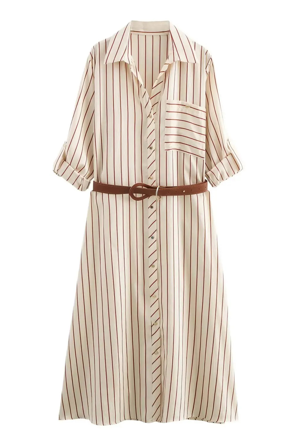 Lena | Koszulowa Sukienka w Paski z Paskiem i Kieszeniami