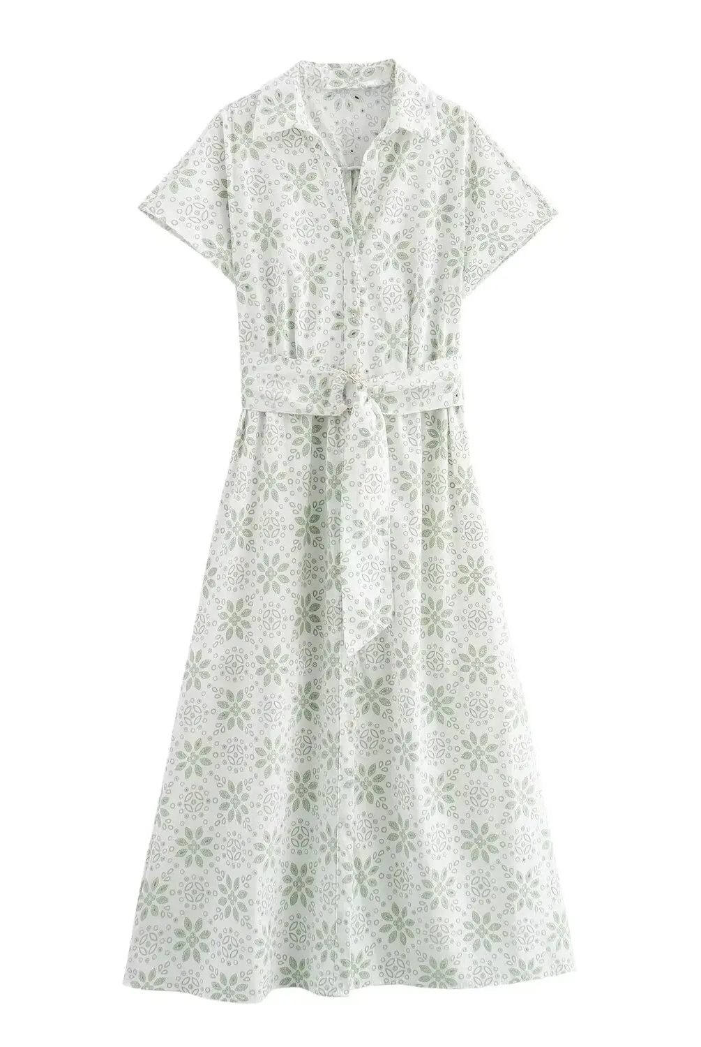 Maja | Haftowana Sukienka Midi z Kołnierzykiem i Krótkim Rękawem