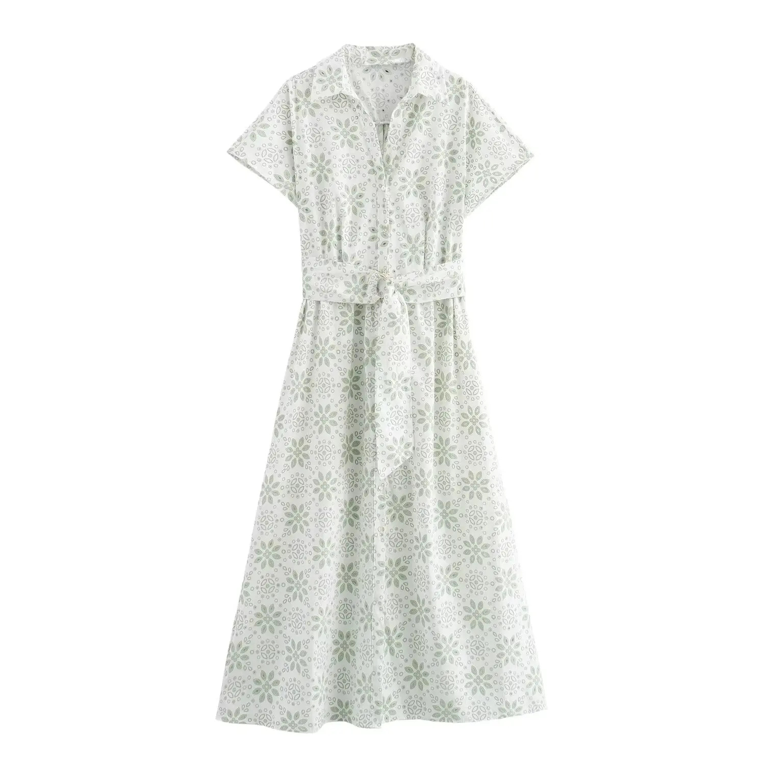 Maja | Haftowana Sukienka Midi z Kołnierzykiem i Krótkim Rękawem