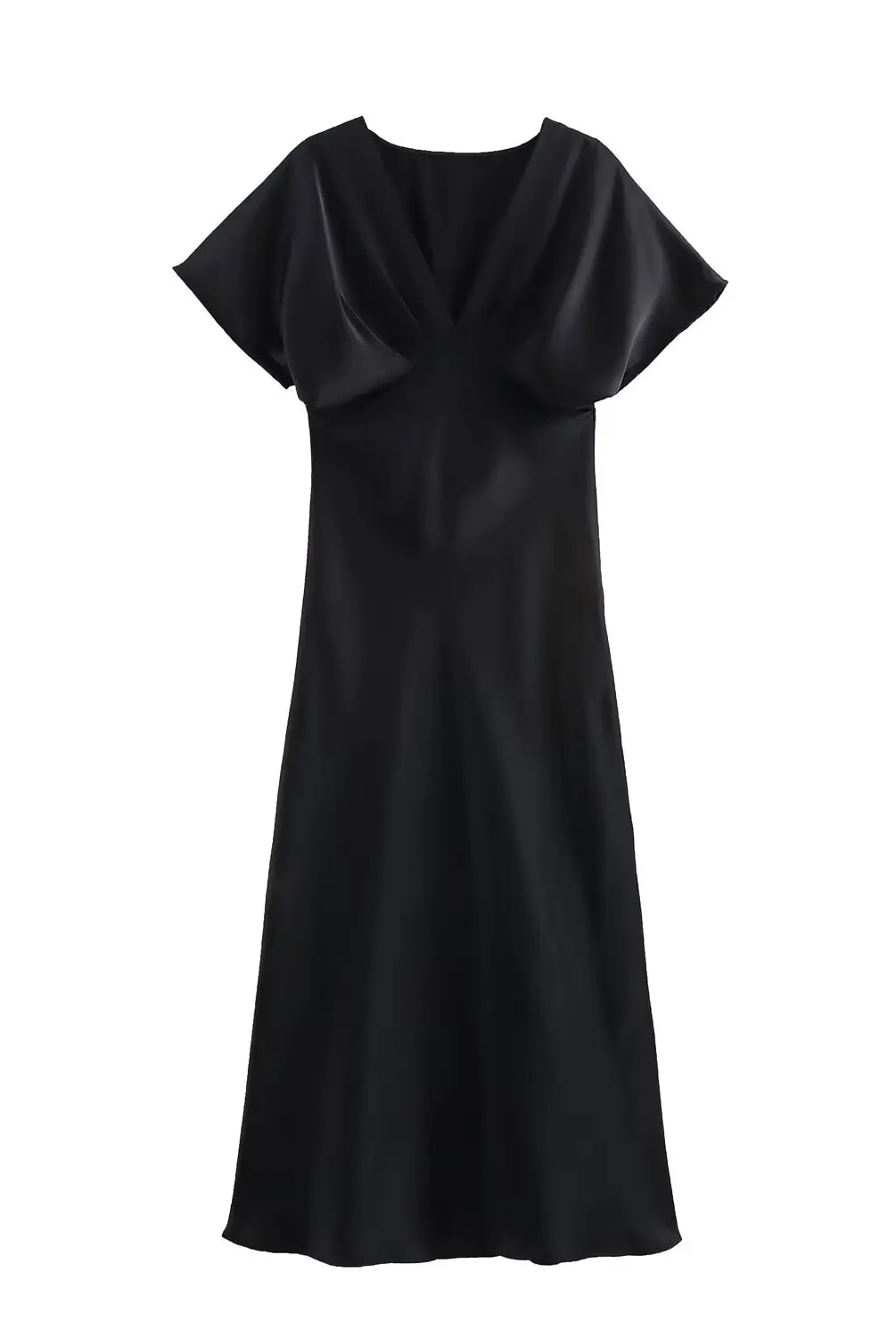 Ola | Satynowa Sukienka Midi z Dekoltem w S i Krótkim Rękawem